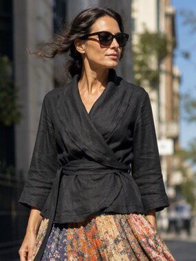 Vintage Black Linen Wrap Jacket Size M Shawl Collar Tie Waist Boho Lagenlook